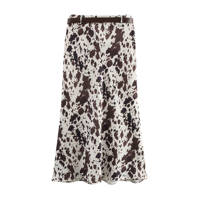 European And American Style Women's Fashionable Temperament With Belt Silk Satin Texture Skirt