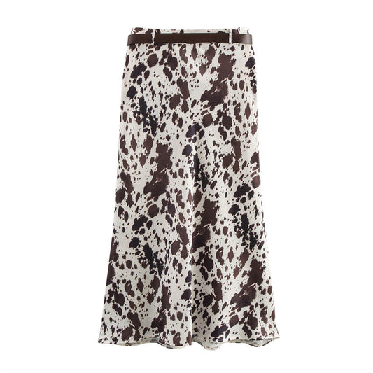 European And American Style Women's Fashionable Temperament With Belt Silk Satin Texture Skirt