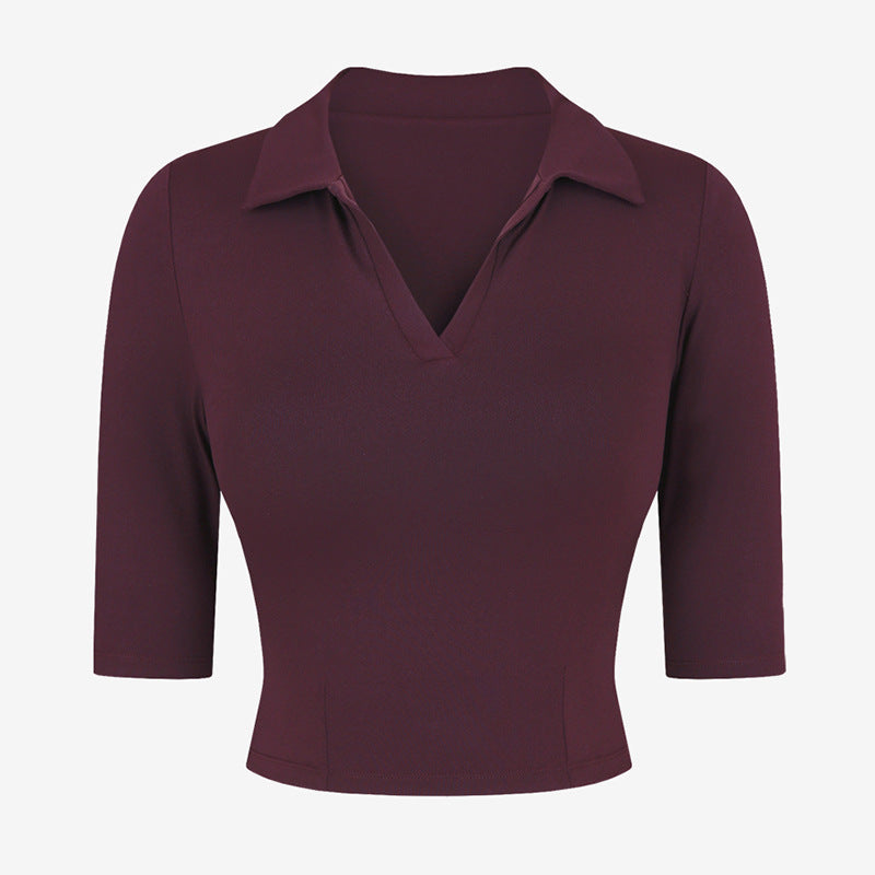 Sexy Slim Fit Short Sleeve Yoga Suit T-shirt Polo Collar Top Nylon Nude Feel Exercise Workout Clothes