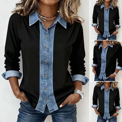 Blue Denim Shirt Womens Loose-fit Layering Style Long Sleeves