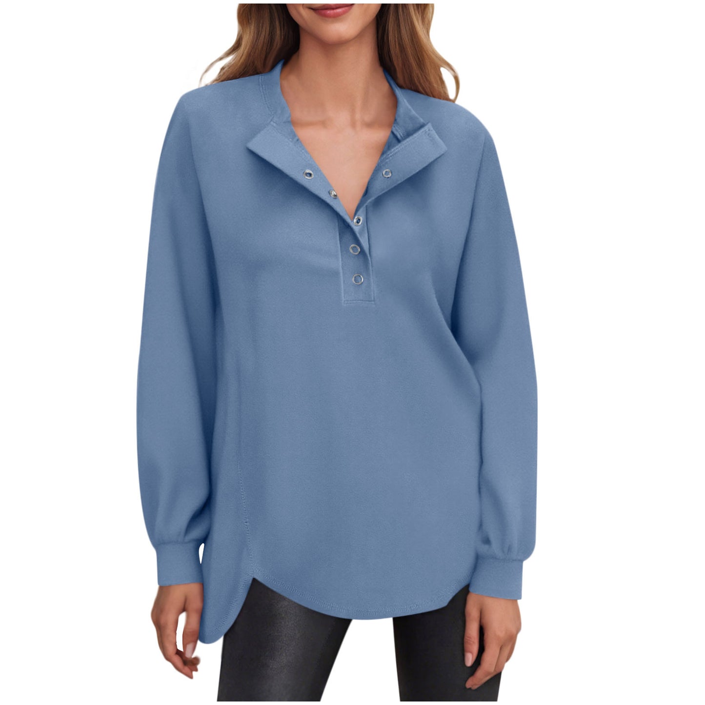 Dame Casual Ensfarvet Rund Hals Bluse med Knapper og Lange Ærmer