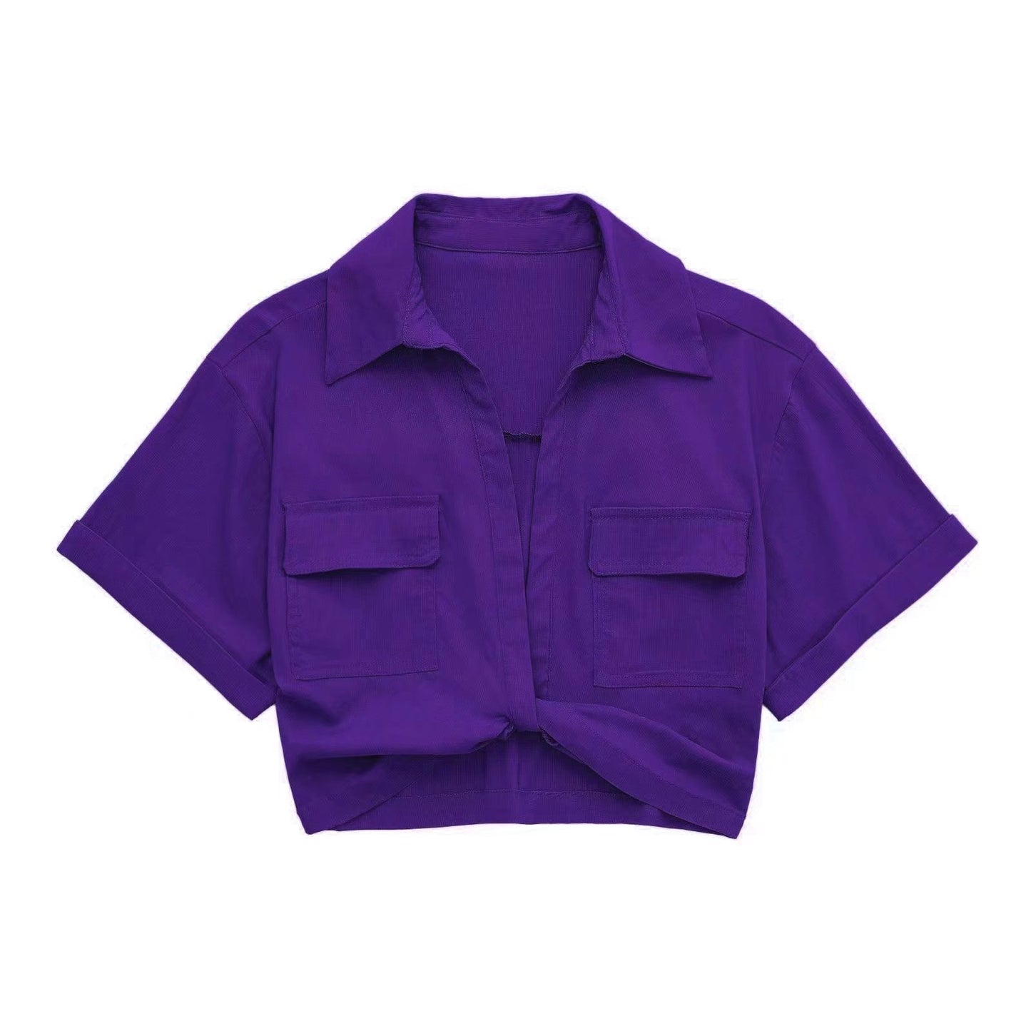 Solid Color Versatile Knot Embellishment Double Pocket Short Sleeved Shirt