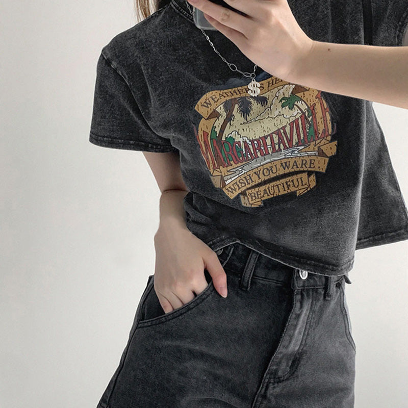 Women's Thin High Waist Cropped Navel Short Sleeve T-shirt