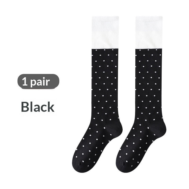 Korean-style Polka-dot Contrast-color Womens Calf Sweet And Versatile Knee-high Puff Socks Made Of Cotton