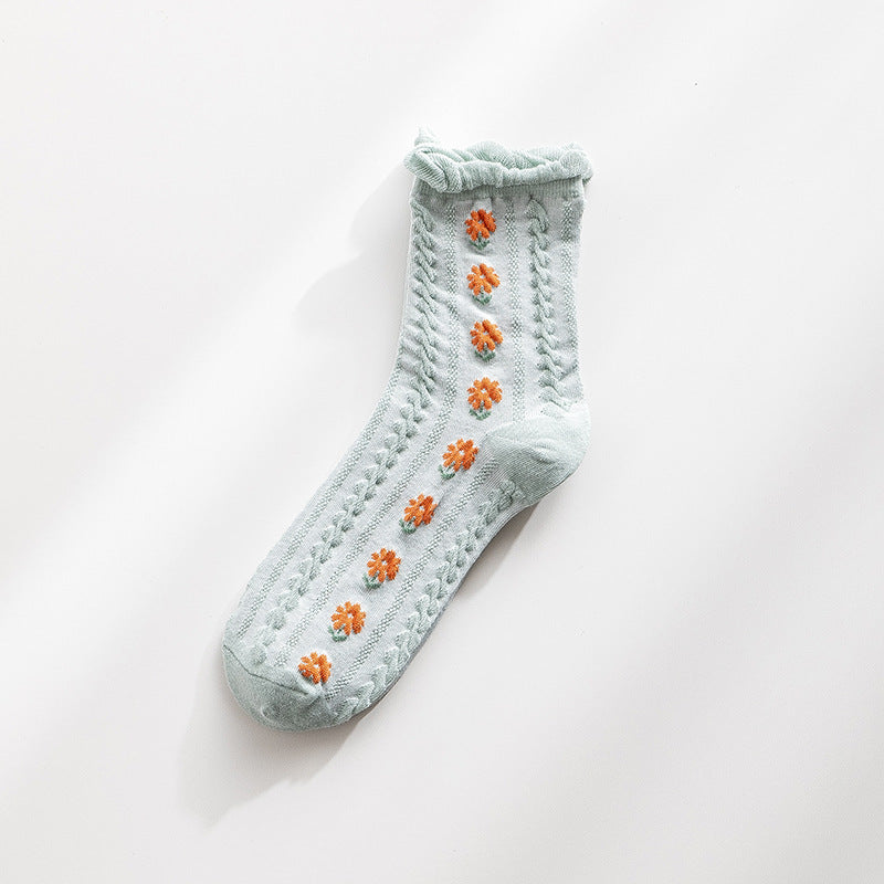 Women's Socks Autumn And Winter Jk Tube Socks Wooden Ear Japanese Cute Flowers Sweet Girl Lolita Purified Cotton Stockings