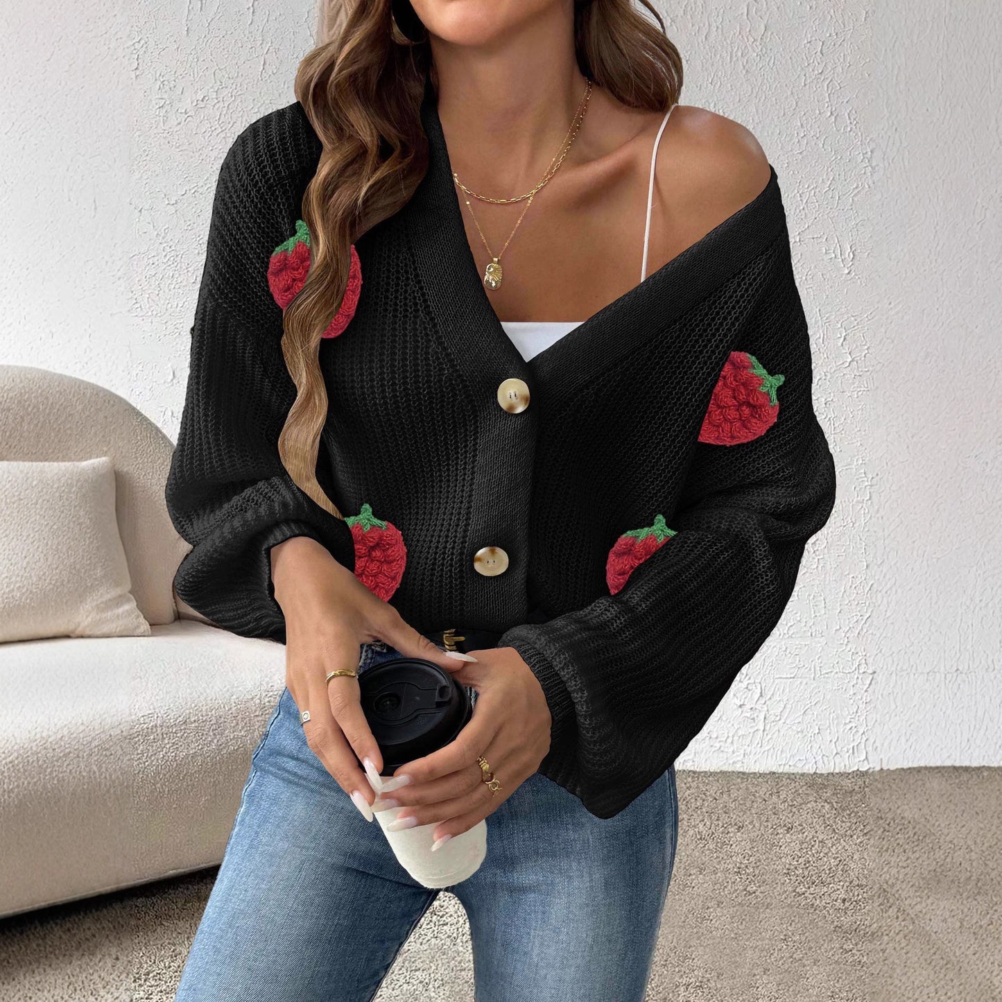 Women's Three-dimensional Strawberry Stitching Cute Cardigan Button Coat