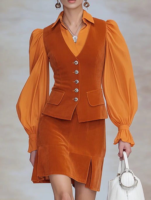 Fashionable Retro Long-sleeved Chiffon Orange Velvet Shirt And Skirt Set