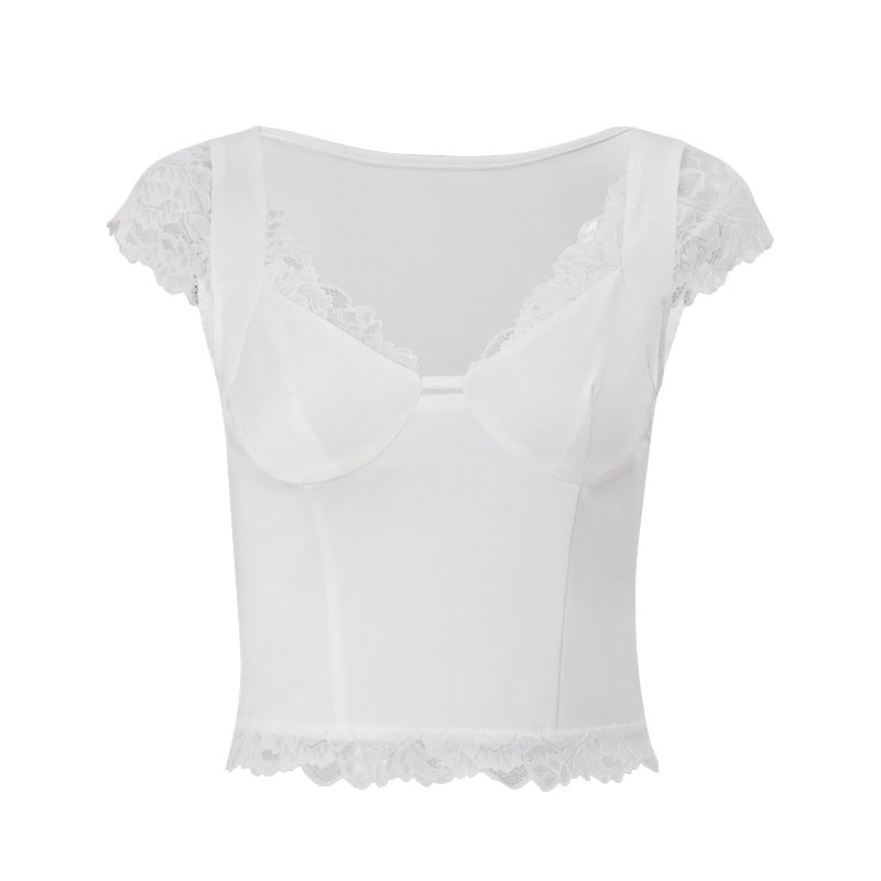 French Style V-neck Lace Pure Body All-match White Top