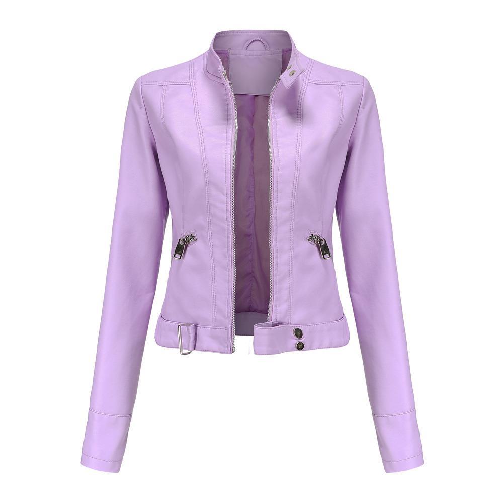 Veste courte en cuir pour femme avec col montant, fine