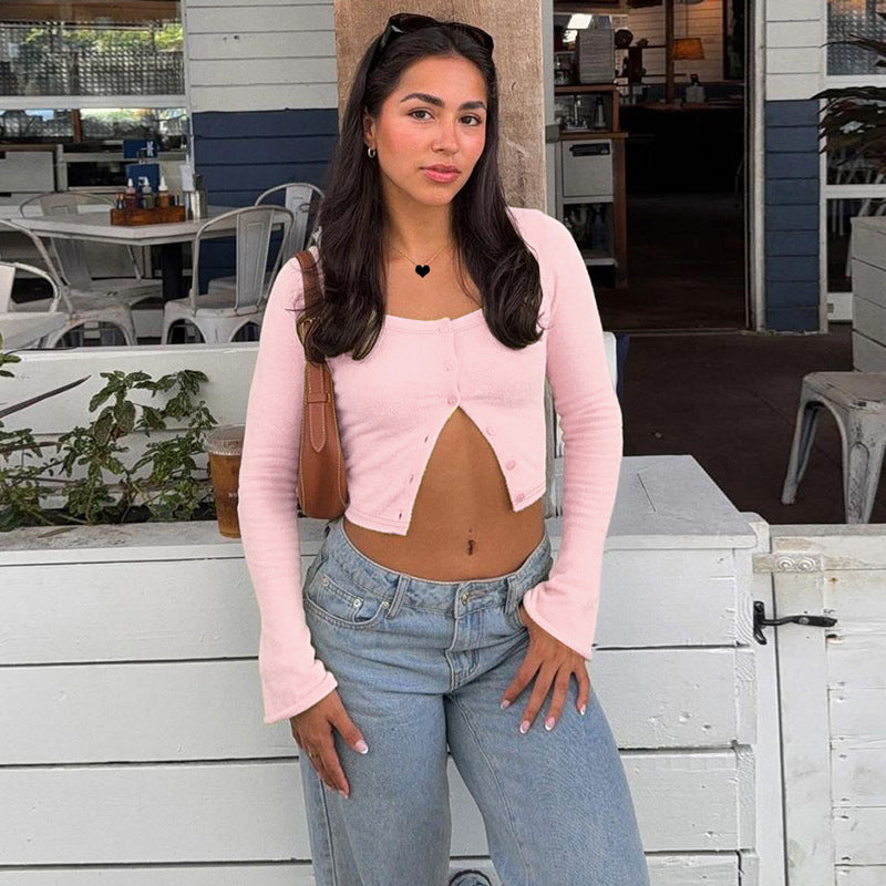 Fashion Casual Temperament Wild Short Cardigan Button Long Sleeve Top