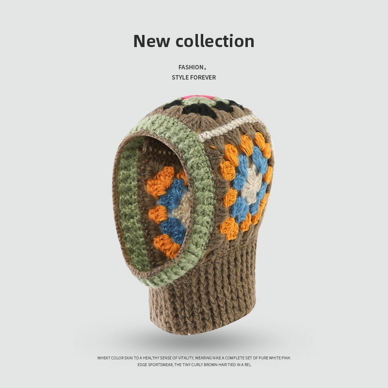 Winter Korean Style Handmade Crochet Contrast Color Flower Balaclava