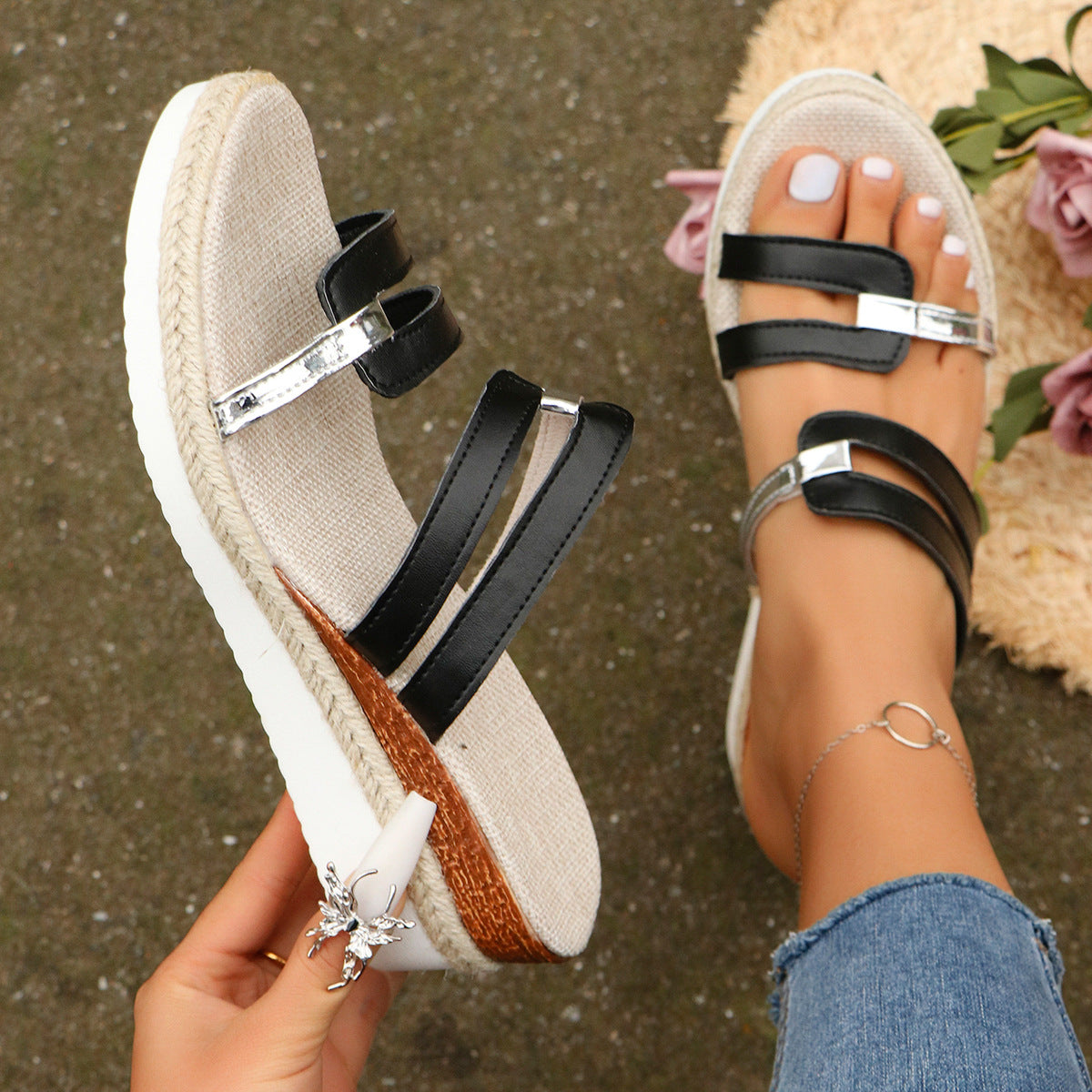 Colorblock-strop Kilehæl Sandaler Sommer Mode Hamp Hæl Slides Tøfler Udendørs Tyk Bund Fiskehals Sko til Kvinder