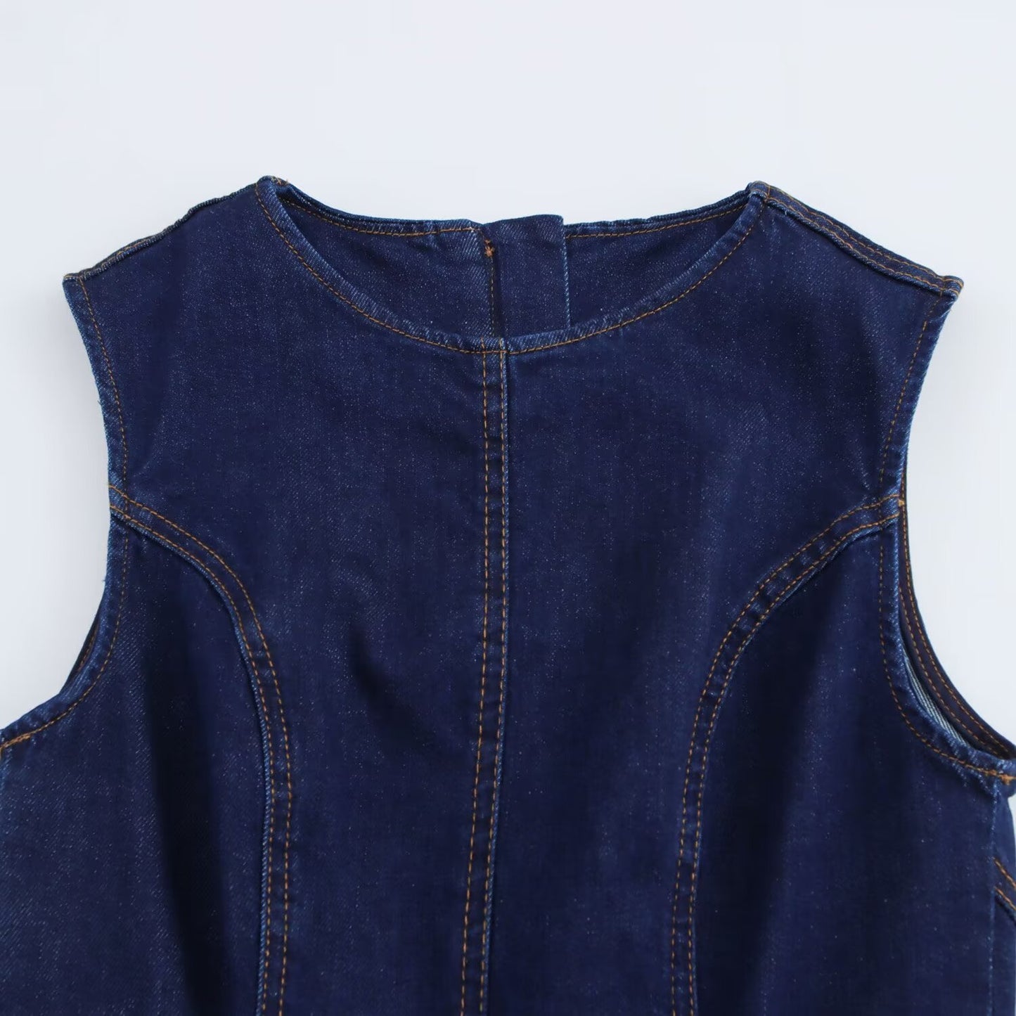 Sleeveless Denim Dress With A Crew Neck