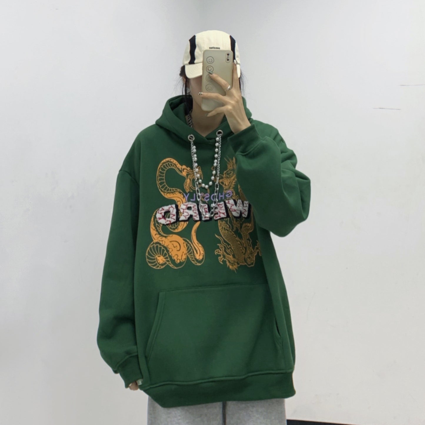 Hip Hop Dragon Fleece Hoodie Necklace Sweater