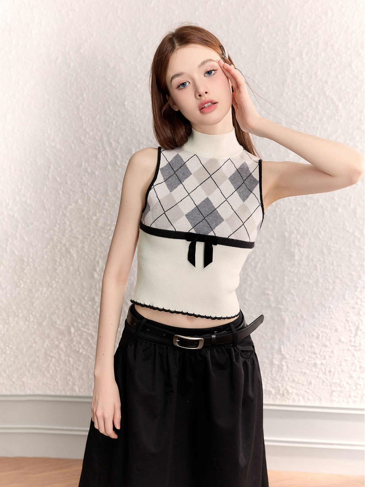 Diamond Plaid Half Collar Top Sleeveless Knitted Vest
