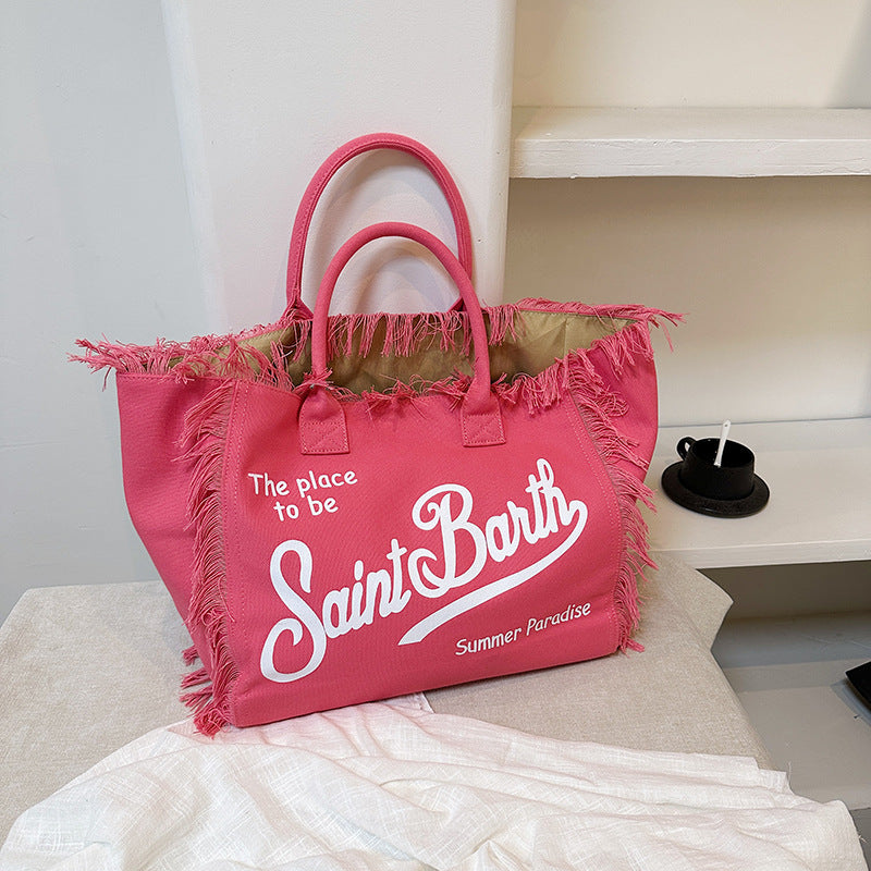 Women's Korean-style Letter Tassel Canvas Bag With Large Capacity