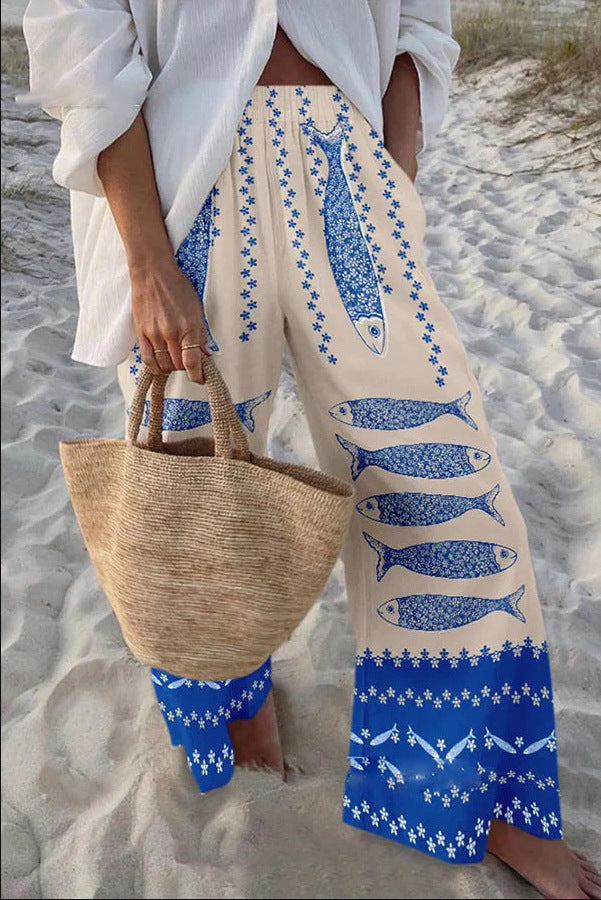 Casual Relaxed-fit Athletic Wide-leg Pants With A Fish-scale Pattern