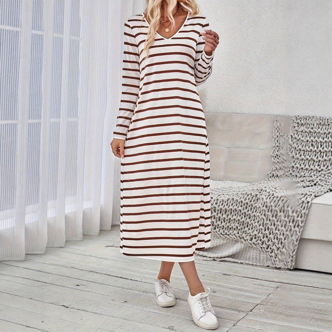 New Womens Loose-fitting Long-sleeve Striped Straight-cut Dress
