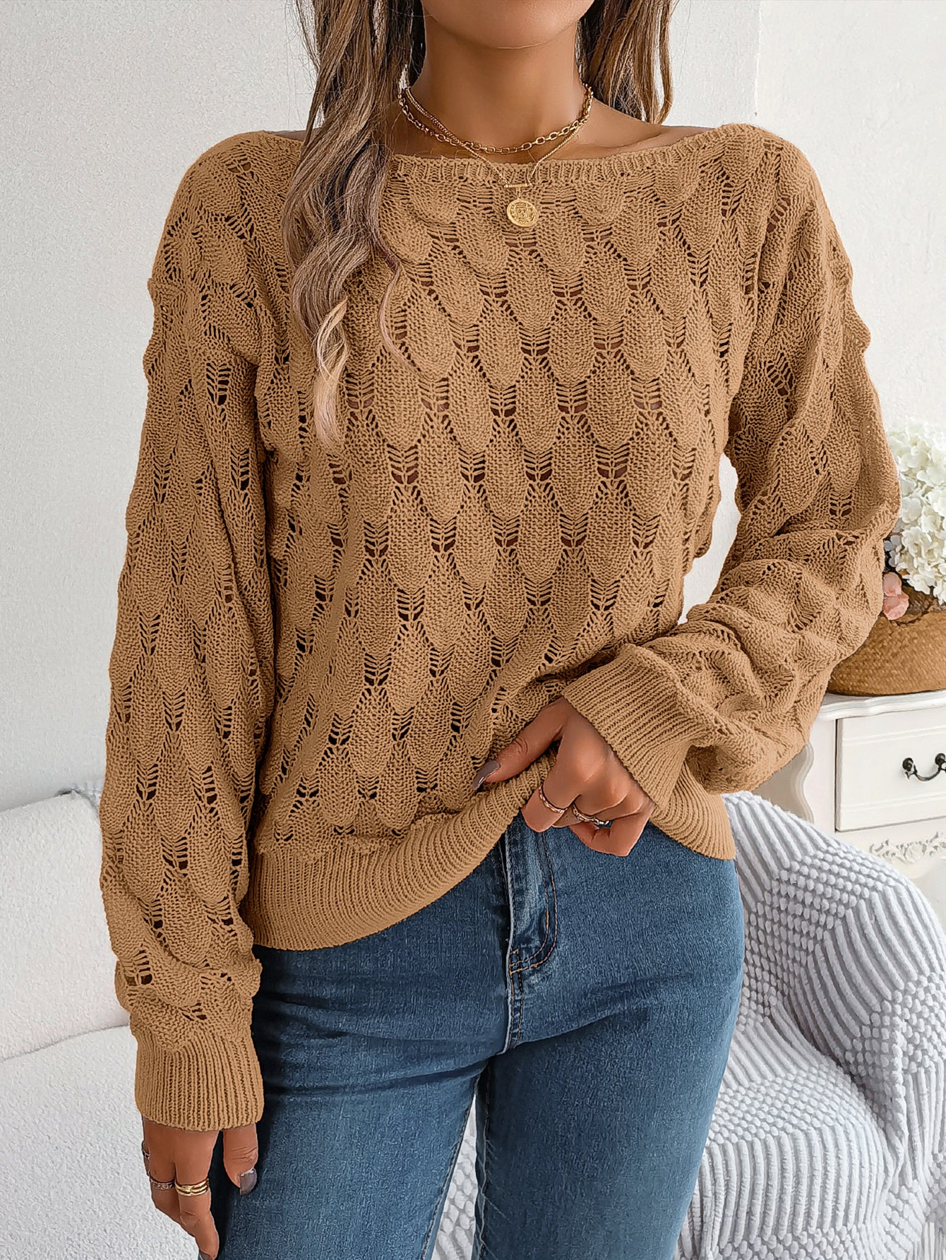 Women Casual Feather Hollow Out Off-Shoulder Lantern Sleeve Sweater