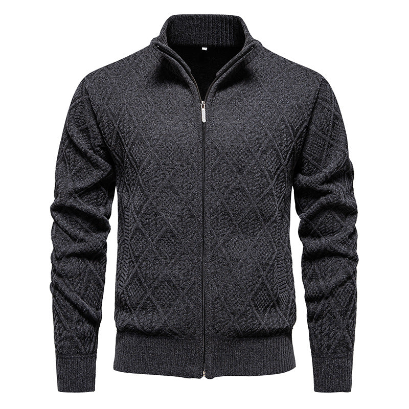Fall Winter Men Fleece-lined Thickening Stand Collar Sweater Korean Style Casual Zipper Sweater Coat