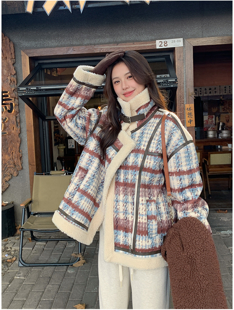 Retro Plaid Stand Collar Loose Fur Short Coat For Women
