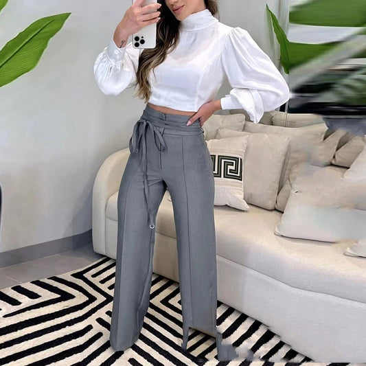 Gray High Waist Lace-up Leisure Commute Suit Pants