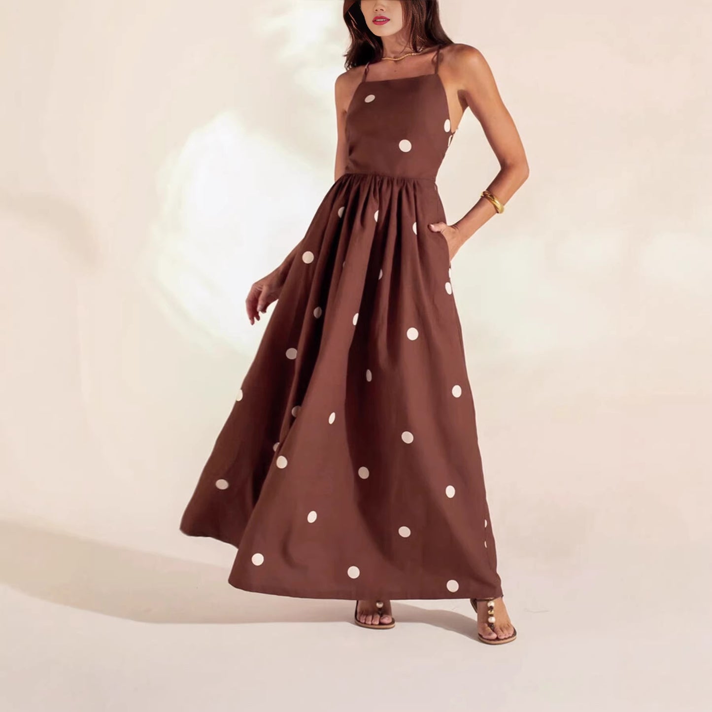 Elegant Polka-Dot Backless Slip Dress With Pockets
