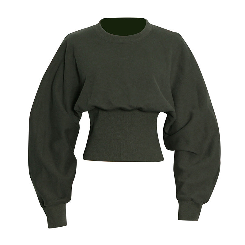 Mørkegrøn Rundhalset Sweater med Talje og Kort Længde til Pendlerbrug