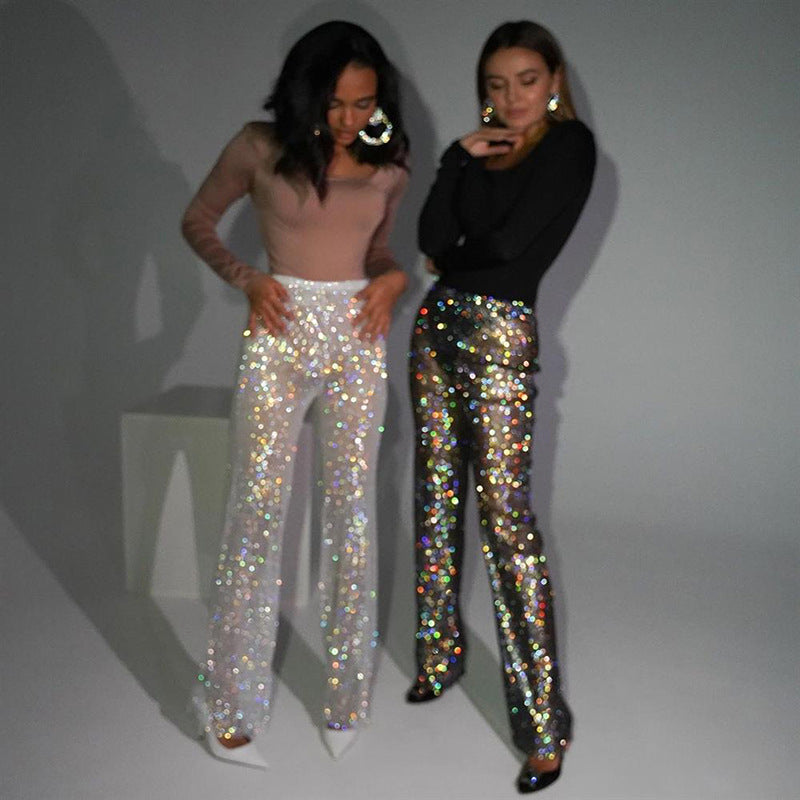 Women's Fashion Straight Rhinestone Fishnet Casual Wide-leg Pants