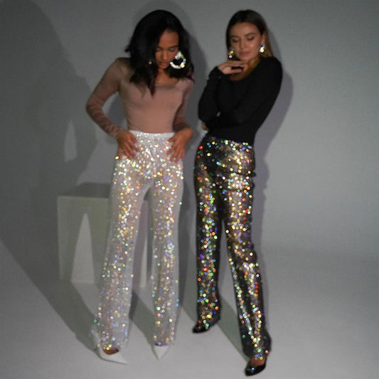 Women's Fashion Straight Rhinestone Fishnet Casual Wide-leg Pants