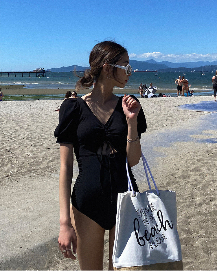 Slim Fit Gather Conservative High Waist Short Sleeve One-piece Swimsuit