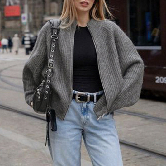 American Simple Style Loose Zip Cardigan Sweater Coat For Women