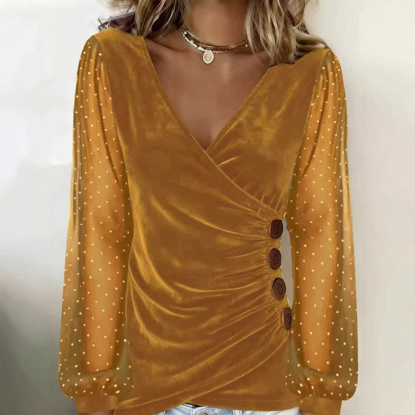 Drilled Rhinestone Velvet Slim Fit Long Sleeve T Shirt