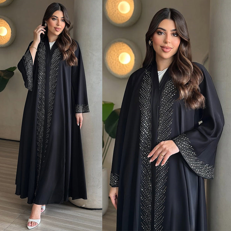 Stylish And Elegant Black Robe With Rhinestone Embellishments