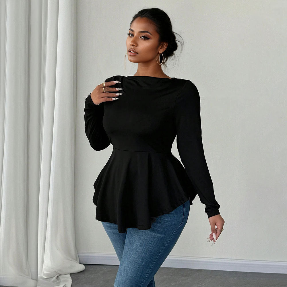 Irregular Hem Pleated Waist-cinching Long-sleeved Sexy Top