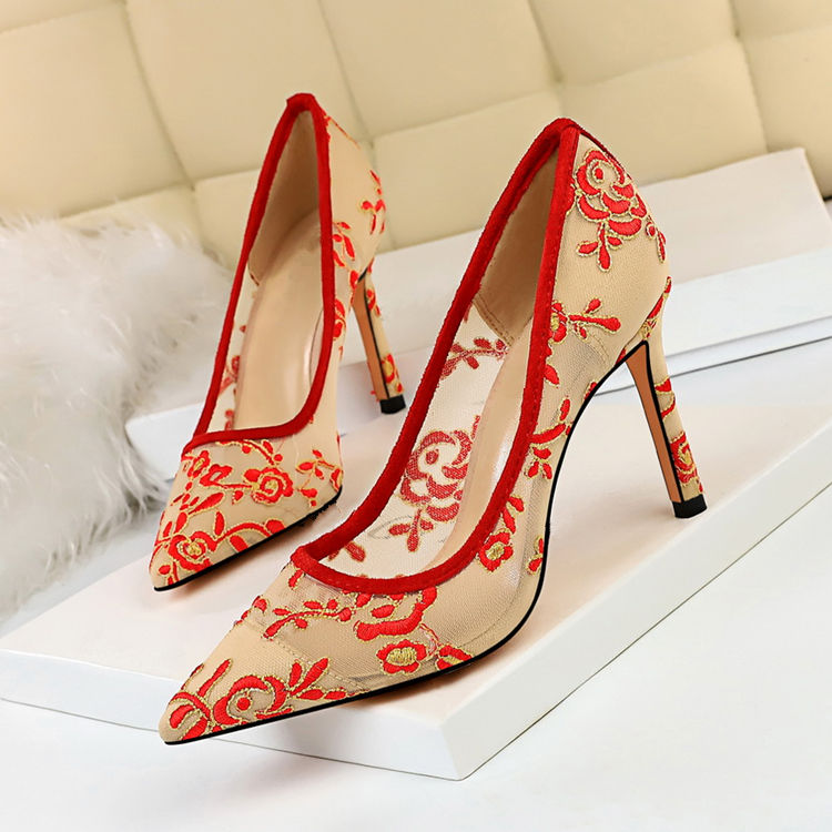 Shallow High Heels Stiletto Pointed Flower Mesh Lace All-match Single Shoes