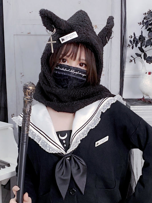 Punk Rabbit Ear Hat Chain Cross Long Lamb Wool Scarf Hard Girl