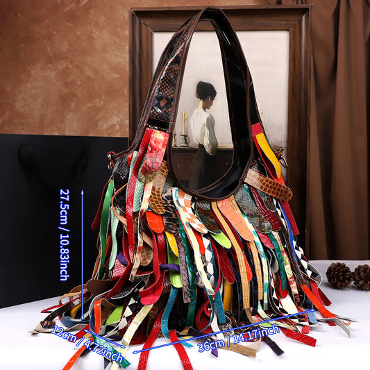 Tasseled Cowhide Tote Bag With Large Capacity And Crossbody Strap