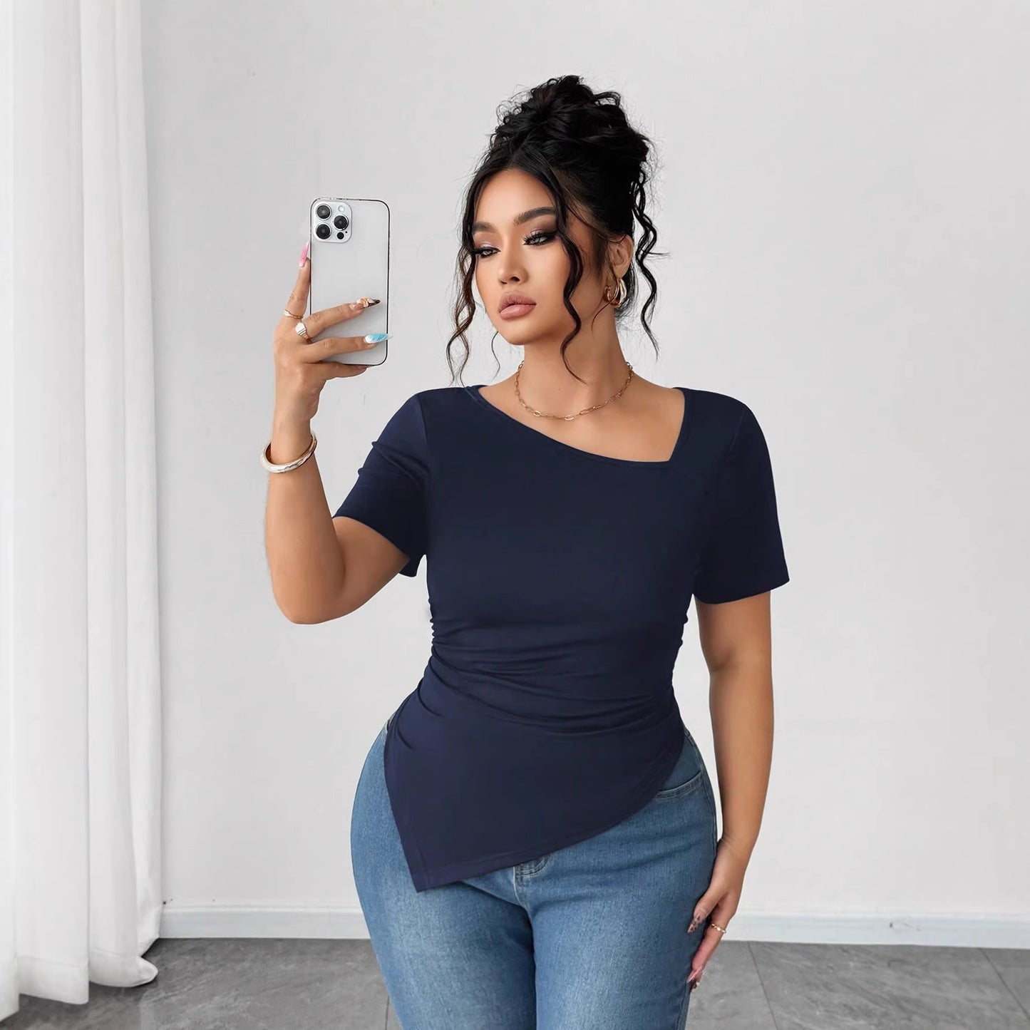 New V-neck Fashionable Loose-fit Slimming Solid-color Short-sleeve T-shirt