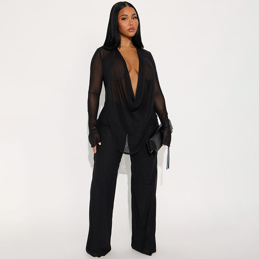 Women's Fashion Sexy Lace-up Long-sleeved Top Slim Trousers Suit