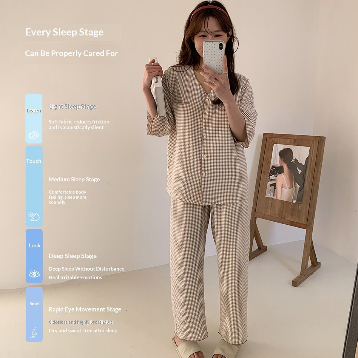 Cloud Cotton Plaid Homewear Womens Padded V-Neck Three-Quarter Sleeve Pants Outerwear-Ready Pajama Two-Piece Set