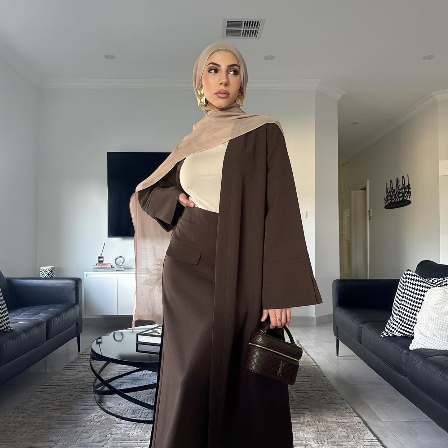 Dubai Fashion Solid Color Cardigan Skirt Two-Piece Set