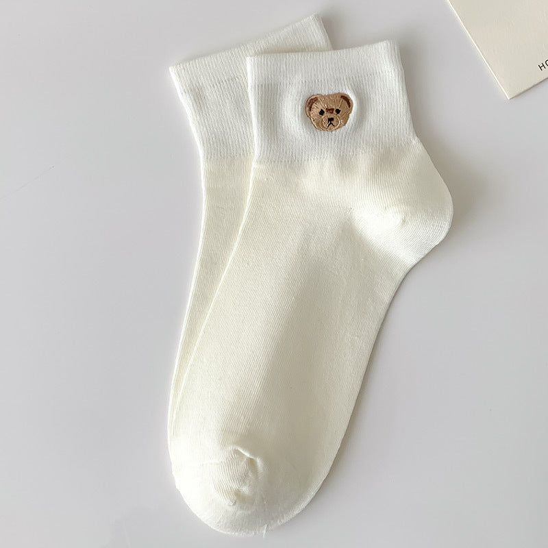 Bear Embroidery Socks Women's Cute Cartoon Teenage Girl Short Tube