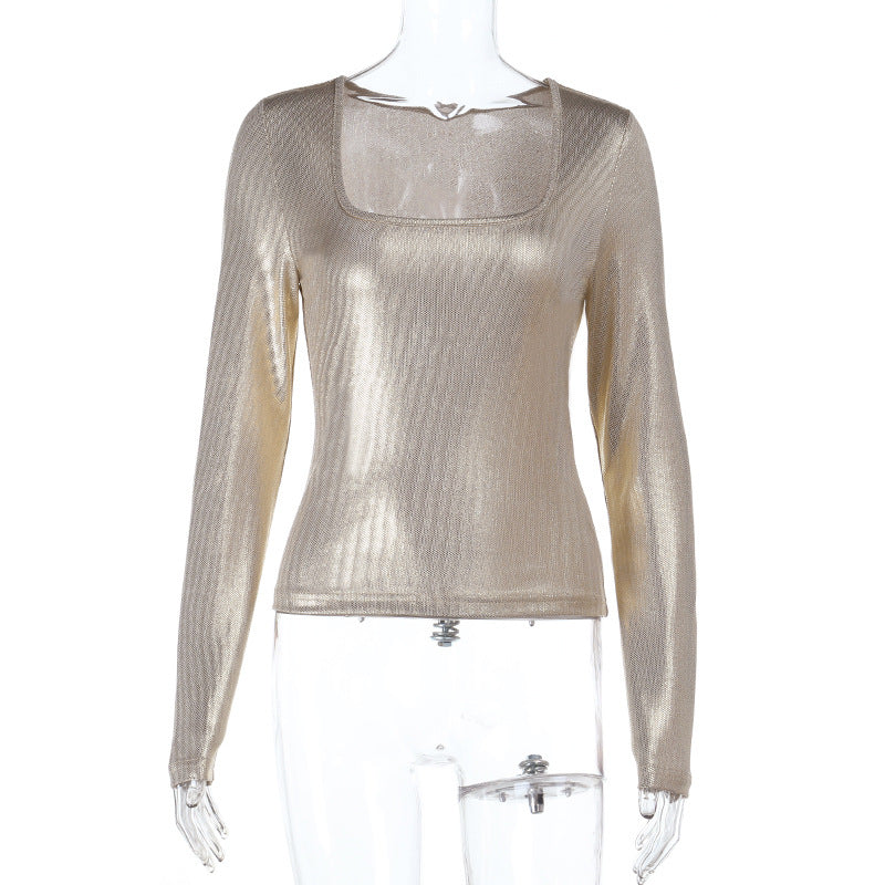 Square Collar Bronzing Slim Long Sleeve Top Women