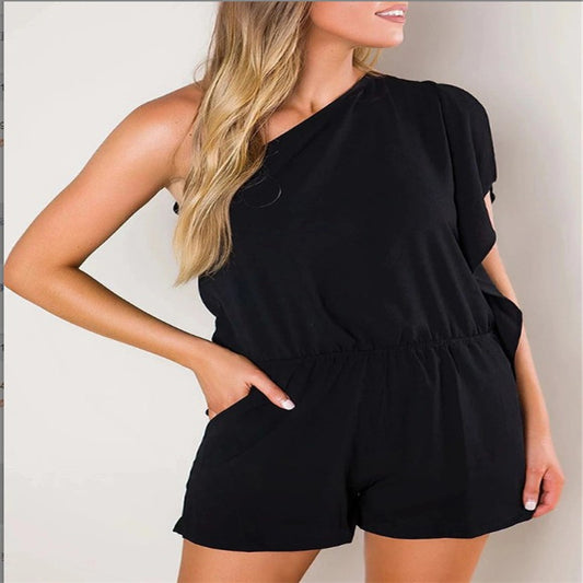 New European And American-style Solid-color One-shoulder Jumpsuit Shorts