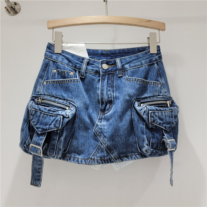 Retro Three-dimensional Workwear With Pocket Denim Skirt