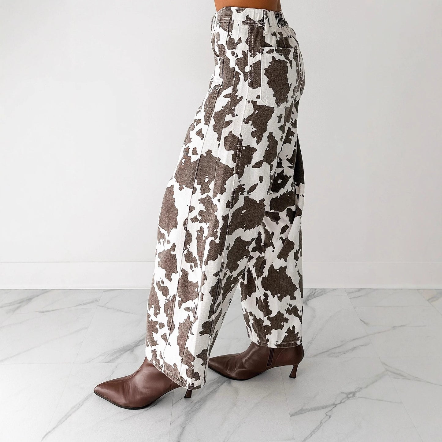 Washed Cow-patterned Wide-leg Jeans