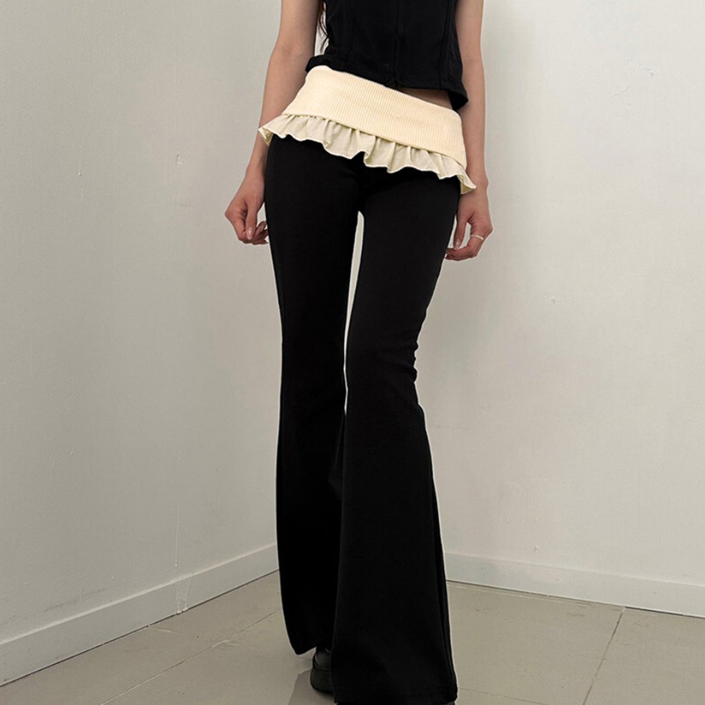 Casual Color-Block Flared Pants With Ruffled Hem And Patchwork Design