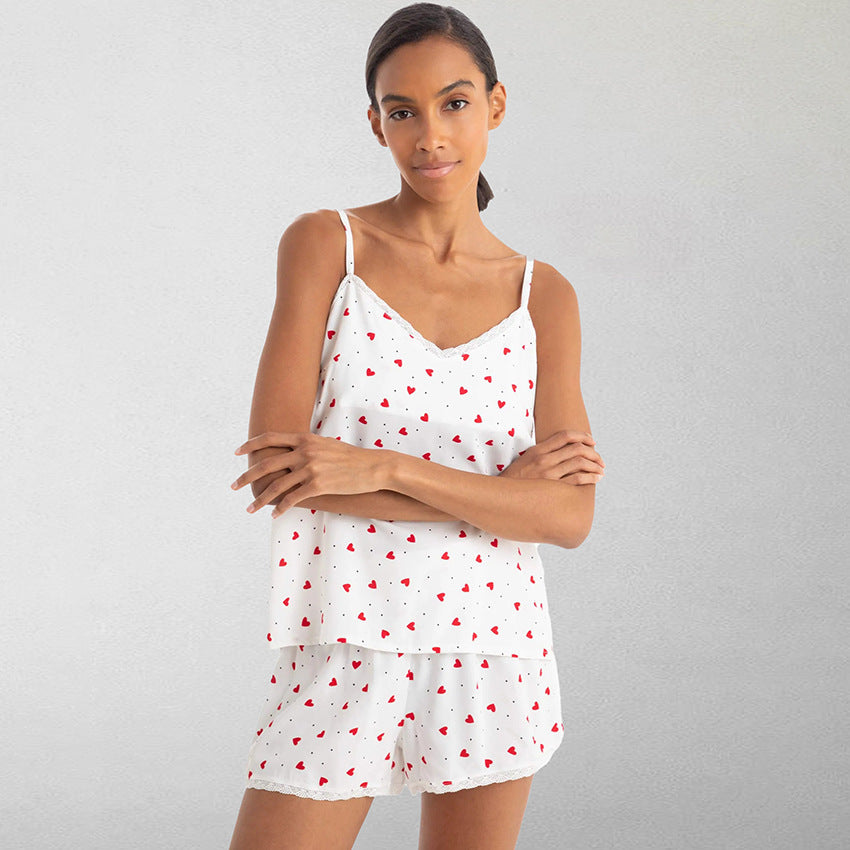 Cool-feel Pajamas With Heart-printed Lace Straps