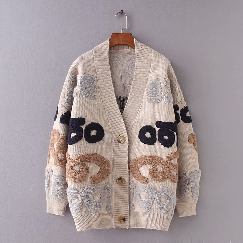 Foreign Trade Korean Style Loose And Idle Style Letter V-neck Mid-length Sweater